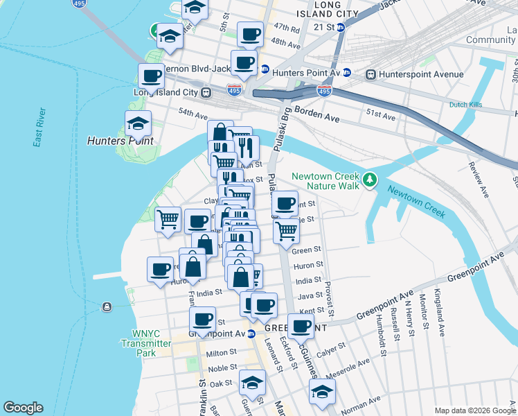 map of restaurants, bars, coffee shops, grocery stores, and more near 153 Eagle Street in Brooklyn
