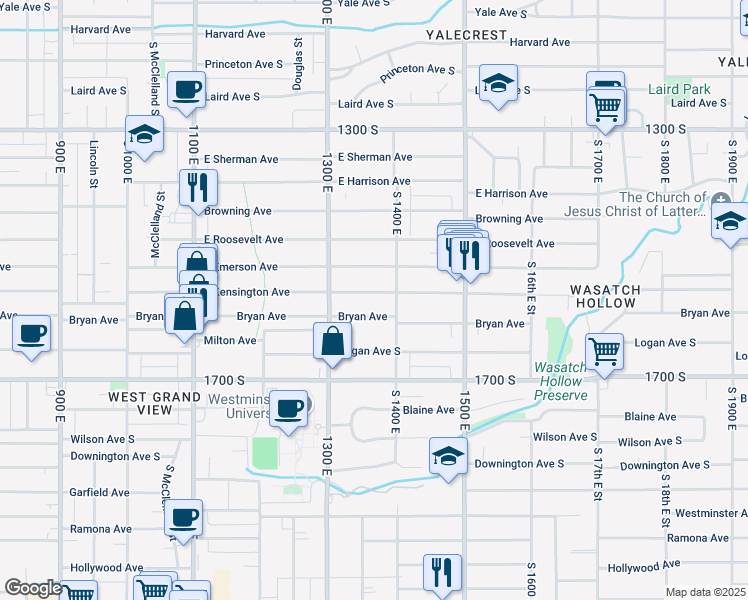 map of restaurants, bars, coffee shops, grocery stores, and more near 1350 Bryan Avenue South in Salt Lake City