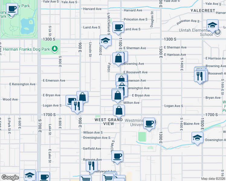 map of restaurants, bars, coffee shops, grocery stores, and more near 1044 1560 South in Salt Lake City