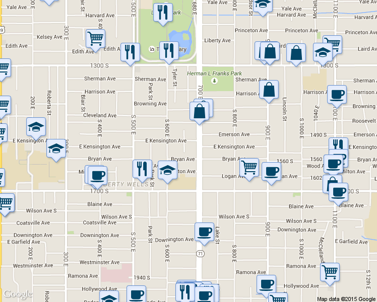 map of restaurants, bars, coffee shops, grocery stores, and more near 678 Bryan Avenue South in Salt Lake City