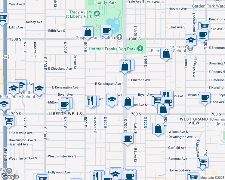 map of restaurants, bars, coffee shops, grocery stores, and more near 628 Bryan Avenue South in Salt Lake City