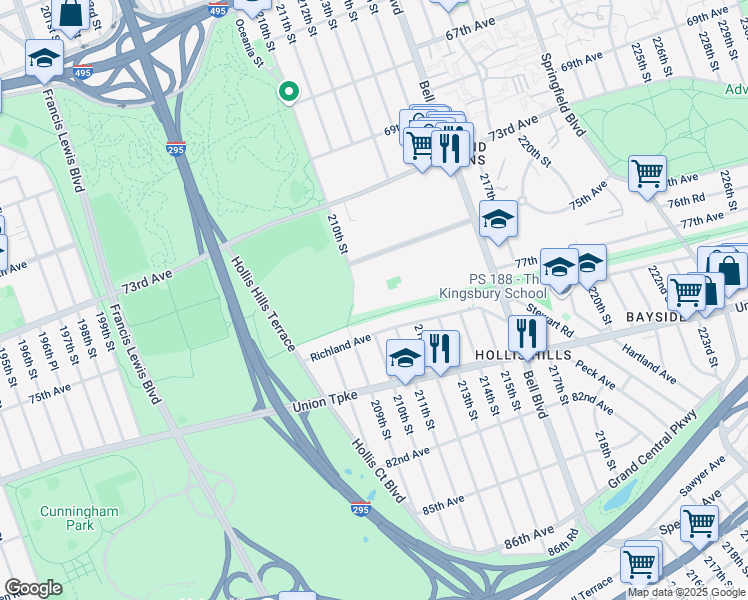 map of restaurants, bars, coffee shops, grocery stores, and more near 210-19 Richland Avenue in Queens