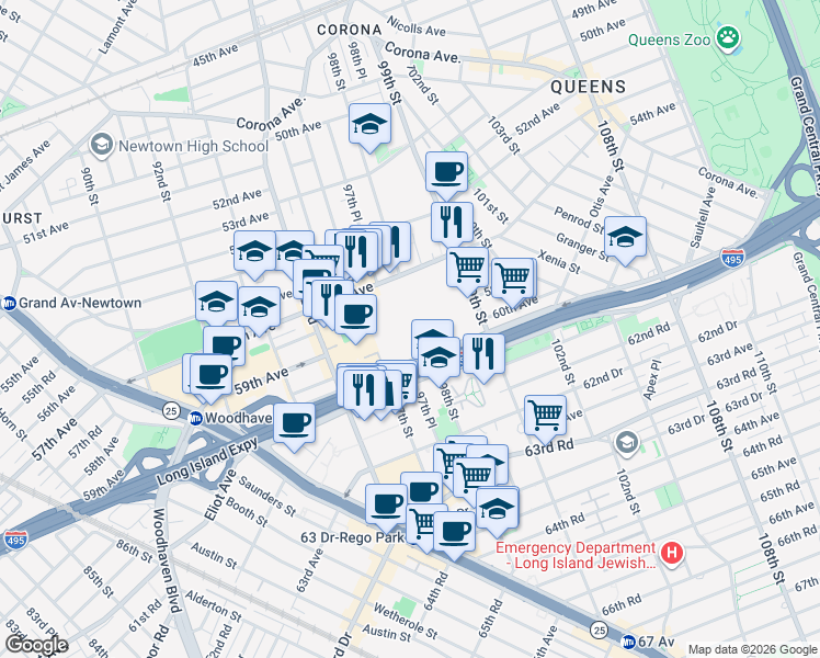 map of restaurants, bars, coffee shops, grocery stores, and more near in Queens