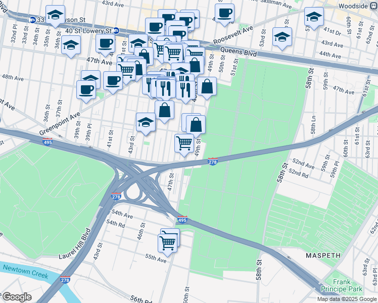 map of restaurants, bars, coffee shops, grocery stores, and more near 50-53 48th Street in Queens