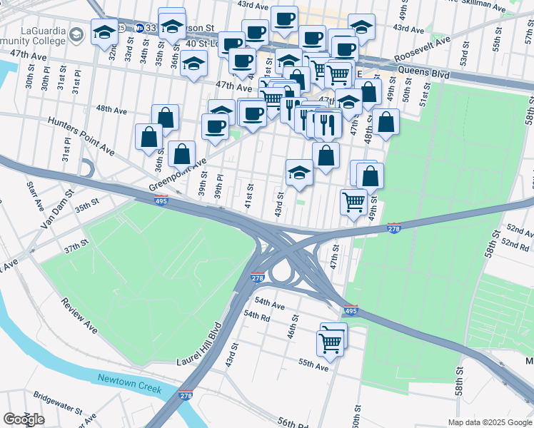 map of restaurants, bars, coffee shops, grocery stores, and more near 50-71 43rd Street in Queens