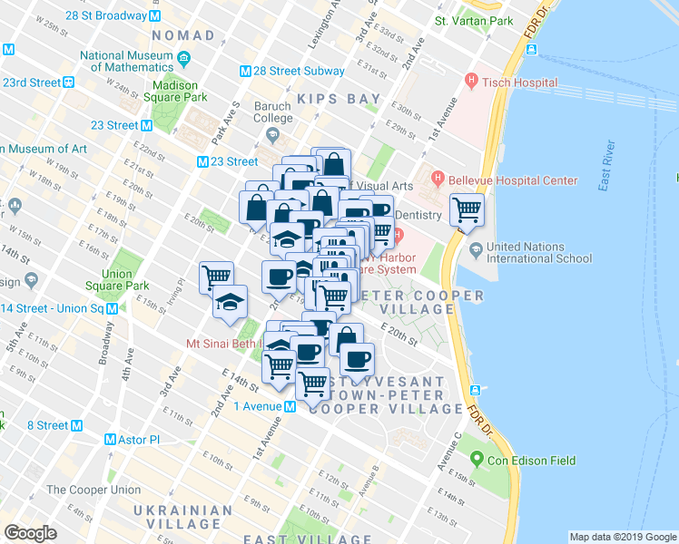 map of restaurants, bars, coffee shops, grocery stores, and more near in New York