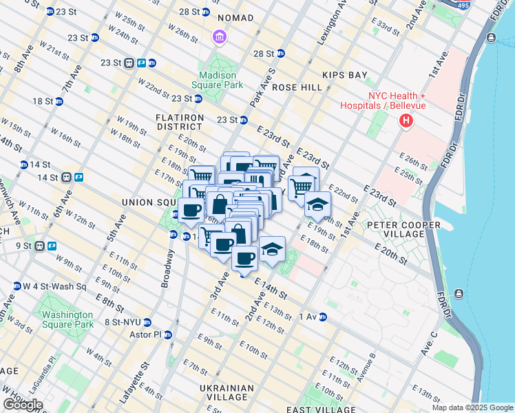map of restaurants, bars, coffee shops, grocery stores, and more near 192 3rd Avenue in New York