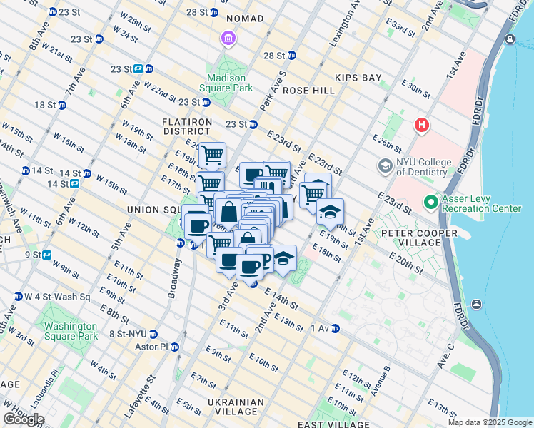 map of restaurants, bars, coffee shops, grocery stores, and more near 192 3rd Avenue in New York