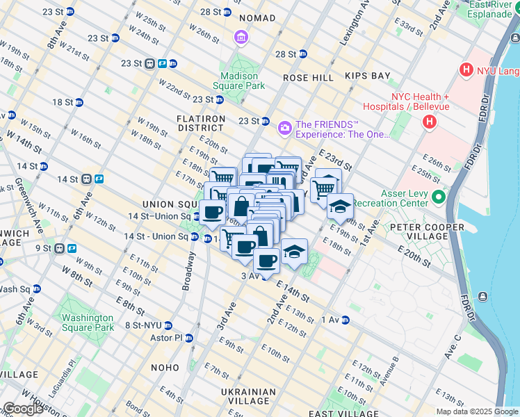 map of restaurants, bars, coffee shops, grocery stores, and more near 192 3rd Avenue in New York