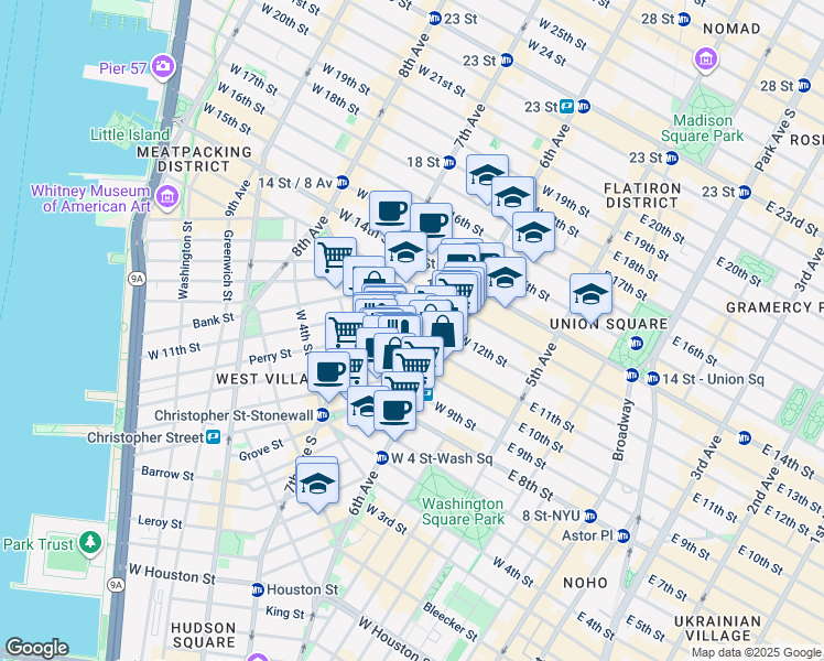 map of restaurants, bars, coffee shops, grocery stores, and more near 126 West 11th Street in New York