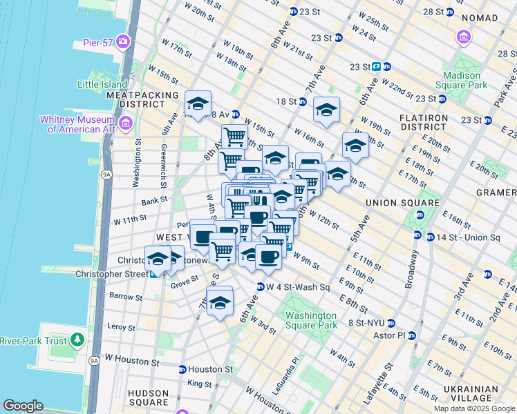 map of restaurants, bars, coffee shops, grocery stores, and more near 70 Greenwich Avenue in New York