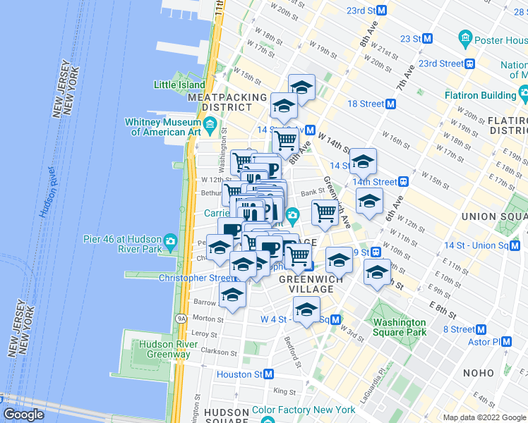map of restaurants, bars, coffee shops, grocery stores, and more near 100 Perry Street in New York