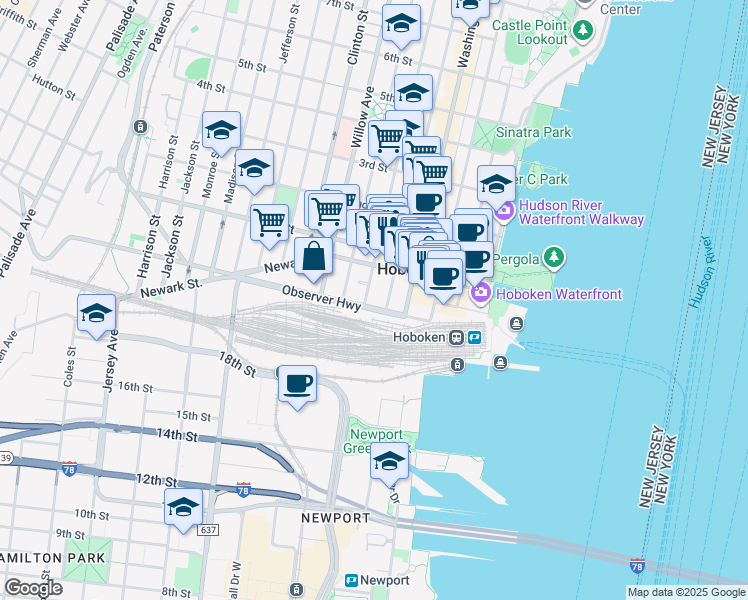 map of restaurants, bars, coffee shops, grocery stores, and more near in Hoboken