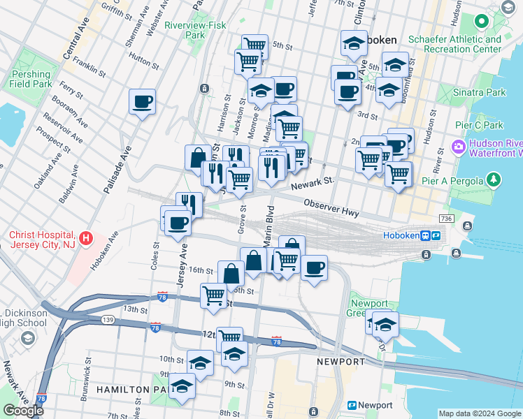 map of restaurants, bars, coffee shops, grocery stores, and more near 682 Grove Street in Jersey City