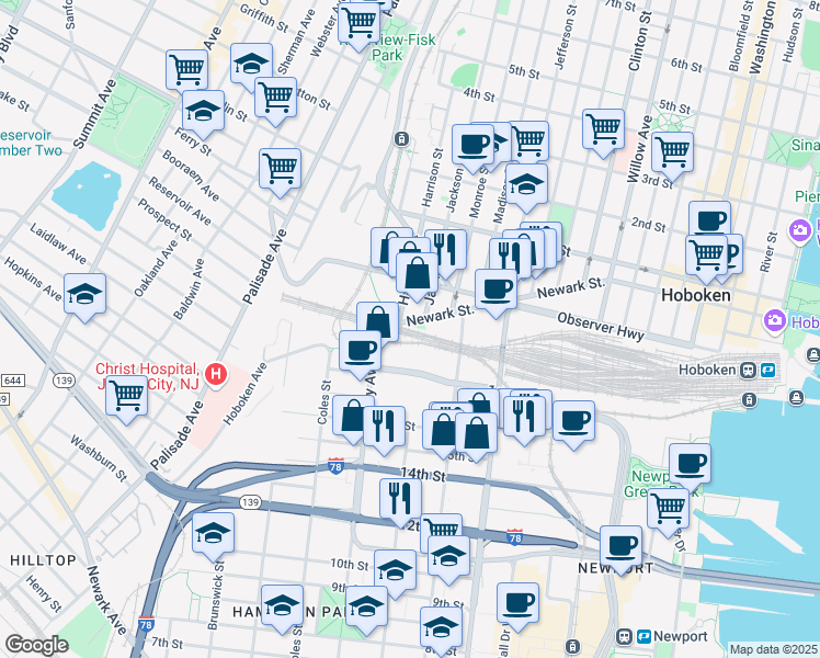 map of restaurants, bars, coffee shops, grocery stores, and more near 854 Jersey Avenue in Jersey City