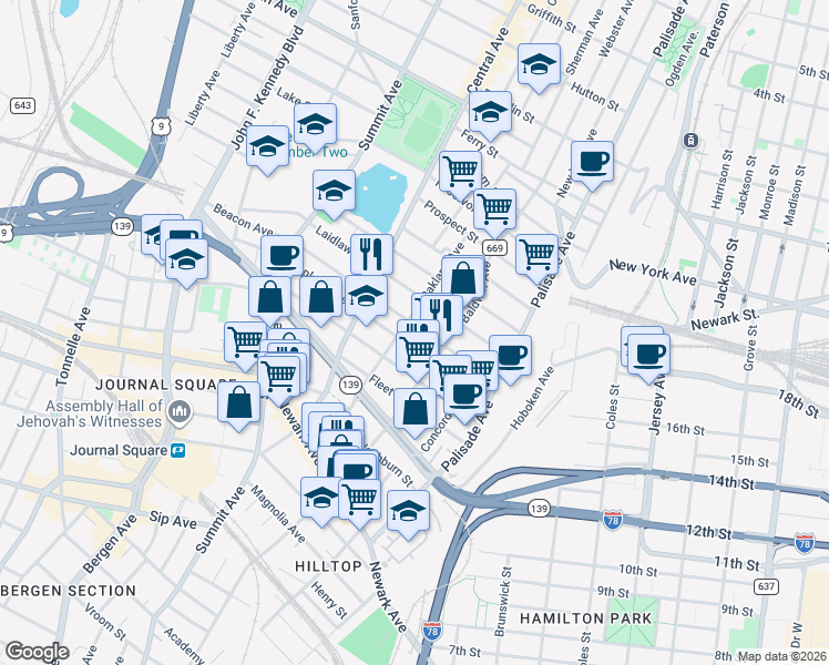 map of restaurants, bars, coffee shops, grocery stores, and more near 63 Hopkins Avenue in Jersey City