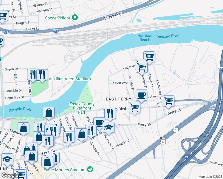 map of restaurants, bars, coffee shops, grocery stores, and more near 413-433 Raymond Boulevard in Newark