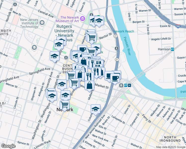 map of restaurants, bars, coffee shops, grocery stores, and more near 107 Mulberry Street in Newark