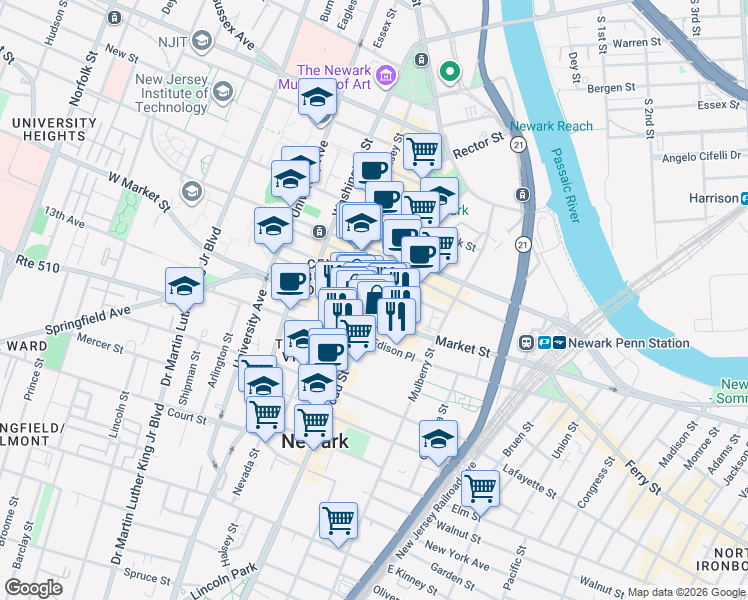 map of restaurants, bars, coffee shops, grocery stores, and more near in Newark