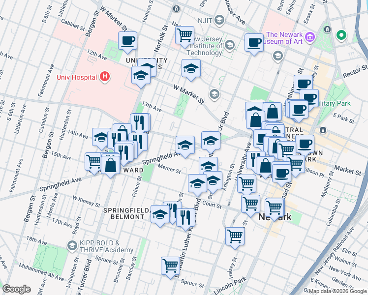 map of restaurants, bars, coffee shops, grocery stores, and more near 180 William Street in Newark