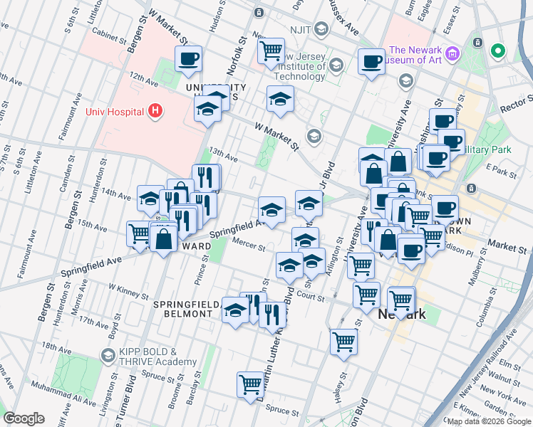 map of restaurants, bars, coffee shops, grocery stores, and more near 180 William Street in Newark