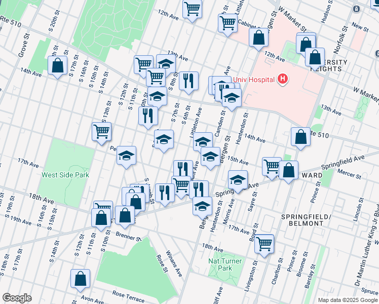 map of restaurants, bars, coffee shops, grocery stores, and more near 324 Littleton Avenue in Newark