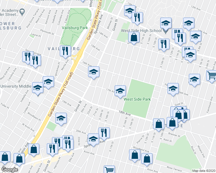 map of restaurants, bars, coffee shops, grocery stores, and more near 617 South 20th Street in Newark