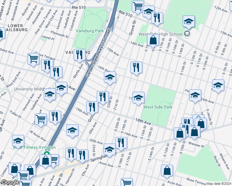 map of restaurants, bars, coffee shops, grocery stores, and more near 202 22nd Street in Irvington