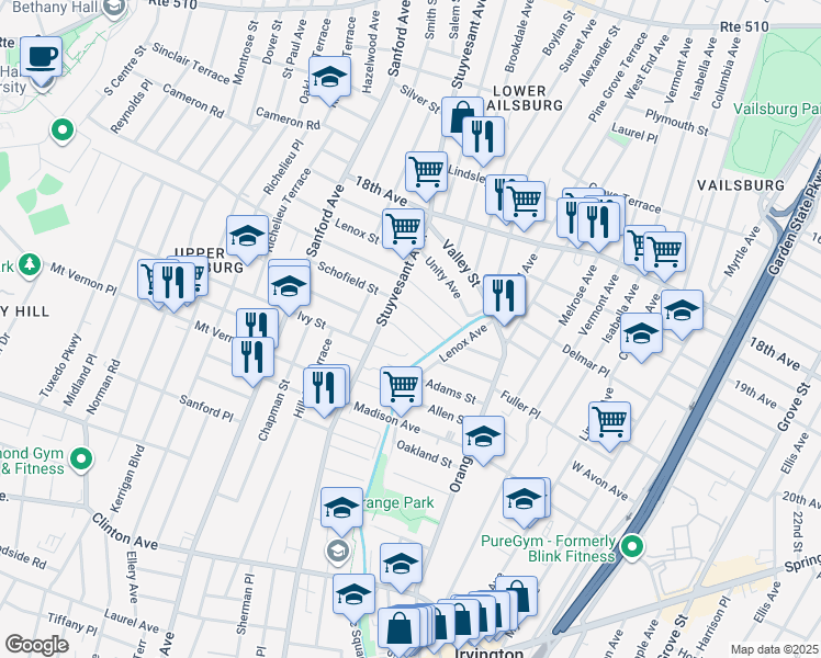 map of restaurants, bars, coffee shops, grocery stores, and more near 17 Crescent Court in Newark