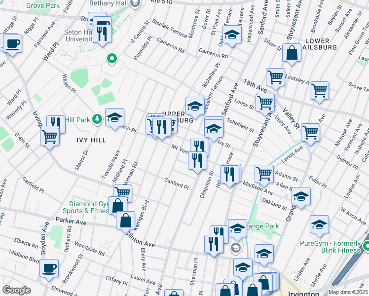 map of restaurants, bars, coffee shops, grocery stores, and more near 244 Ellery Avenue in Newark