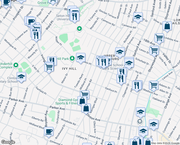 map of restaurants, bars, coffee shops, grocery stores, and more near 158 Midland Place in Newark