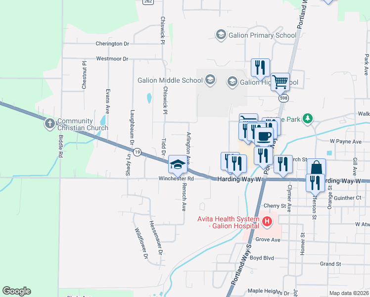 map of restaurants, bars, coffee shops, grocery stores, and more near 115 Arlington Avenue in Galion