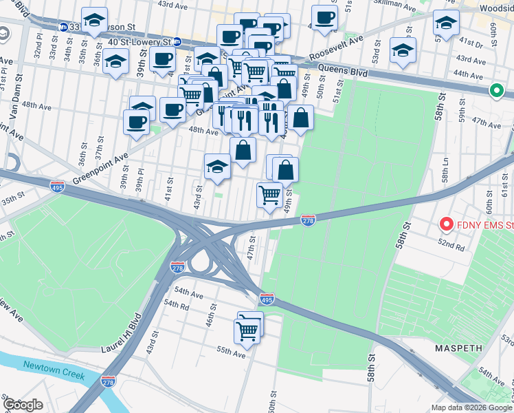 map of restaurants, bars, coffee shops, grocery stores, and more near 50-53 48th Street in Queens