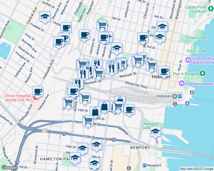 map of restaurants, bars, coffee shops, grocery stores, and more near 700 Grove Street in Jersey City