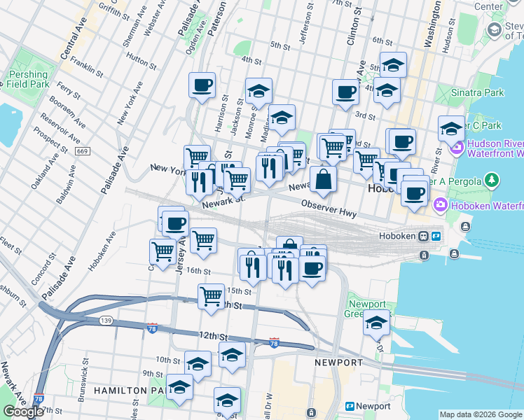 map of restaurants, bars, coffee shops, grocery stores, and more near 689 Marin Boulevard in Jersey City