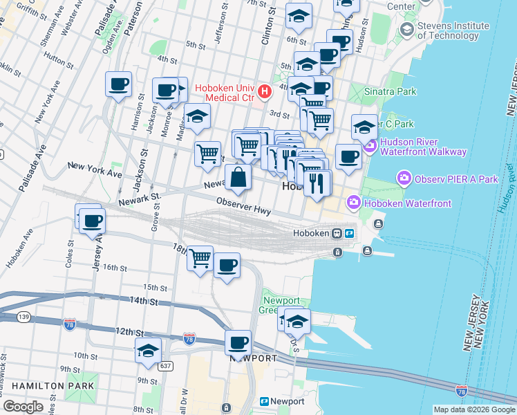 map of restaurants, bars, coffee shops, grocery stores, and more near 4900 Vezzetti Way in Hoboken