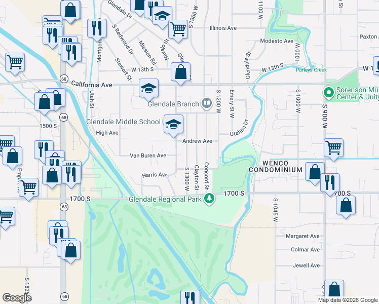 map of restaurants, bars, coffee shops, grocery stores, and more near 1533 South 1300 West in Salt Lake City