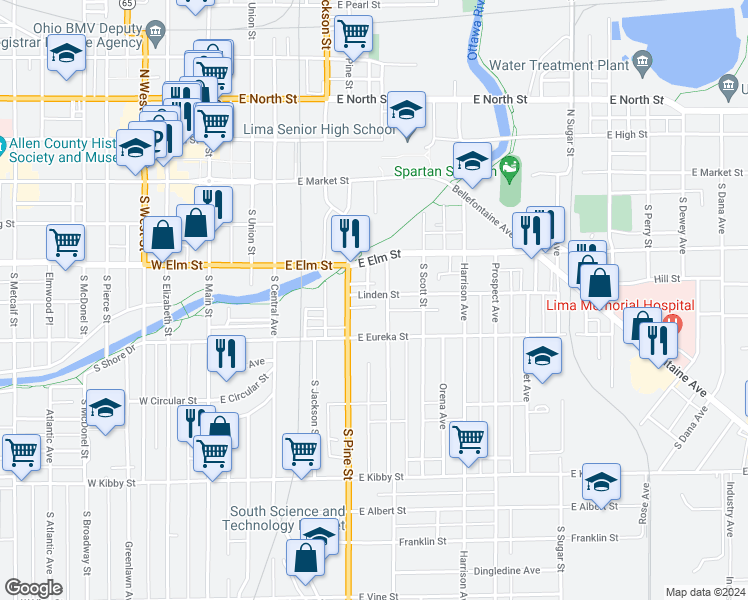 map of restaurants, bars, coffee shops, grocery stores, and more near 526 Linden Street in Lima