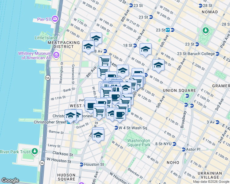 map of restaurants, bars, coffee shops, grocery stores, and more near 70 Greenwich Avenue in New York