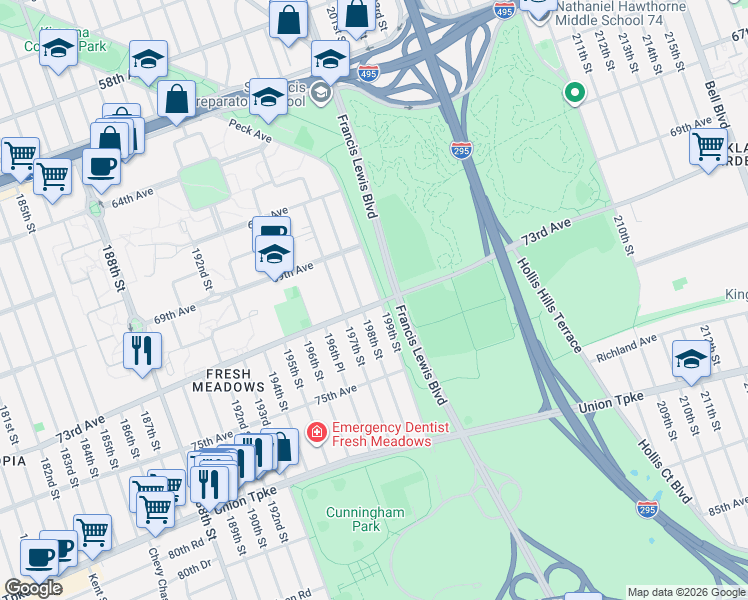 map of restaurants, bars, coffee shops, grocery stores, and more near 73-08 198th Street in Queens