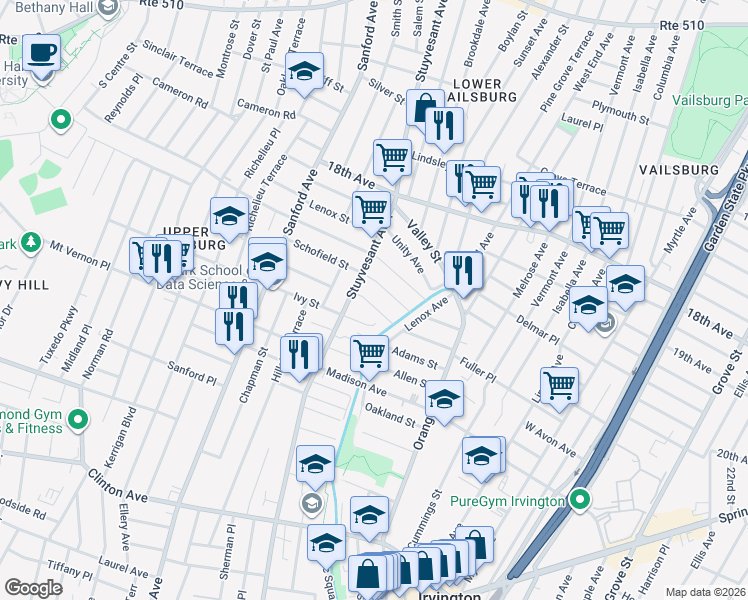 map of restaurants, bars, coffee shops, grocery stores, and more near 17 Crescent Court in Newark