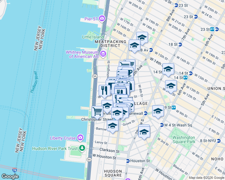 map of restaurants, bars, coffee shops, grocery stores, and more near 316 West 11th Street in New York