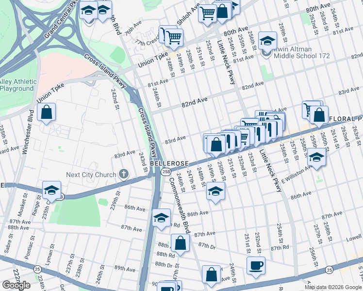 map of restaurants, bars, coffee shops, grocery stores, and more near 83-38 247th Street in Queens