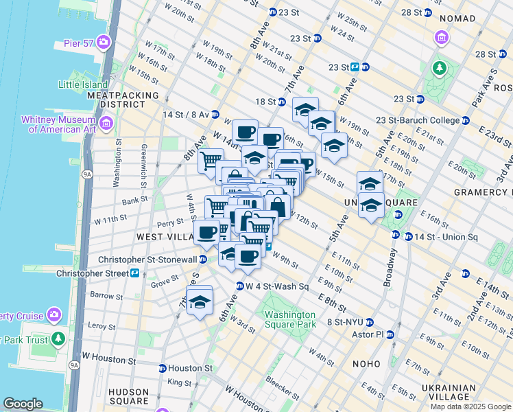 map of restaurants, bars, coffee shops, grocery stores, and more near 126 West 11th Street in New York