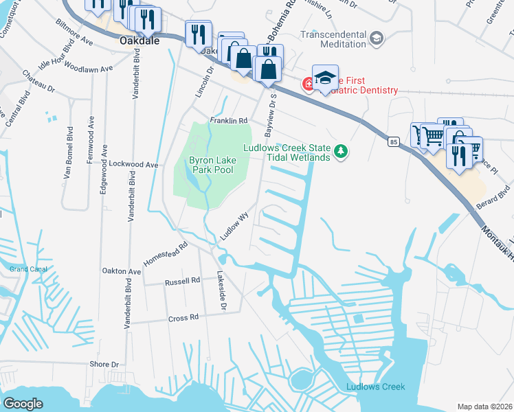 map of restaurants, bars, coffee shops, grocery stores, and more near 1 Fairwind Court in Oakdale