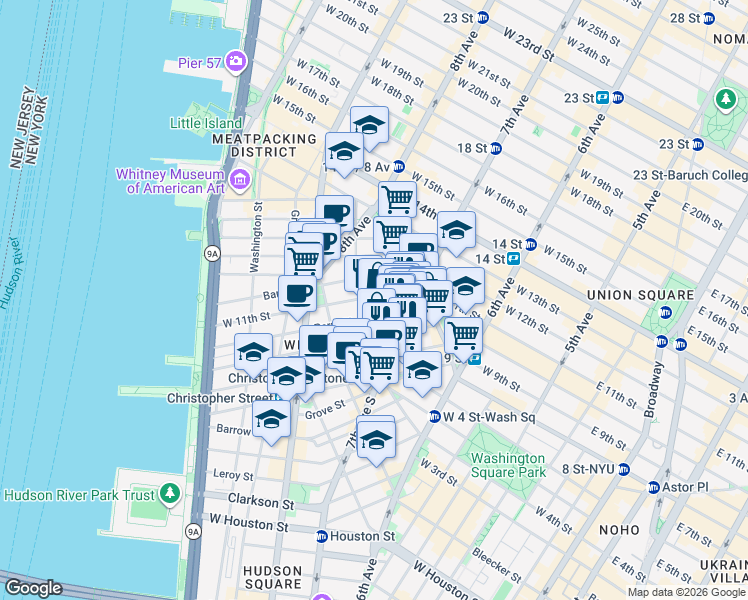 map of restaurants, bars, coffee shops, grocery stores, and more near 242 West 11th Street in New York