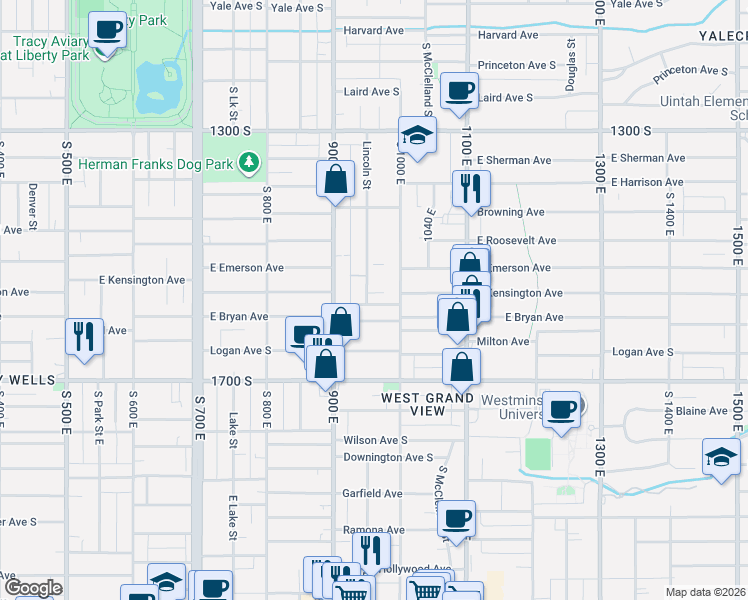 map of restaurants, bars, coffee shops, grocery stores, and more near 1537 Lincoln Street in Salt Lake City