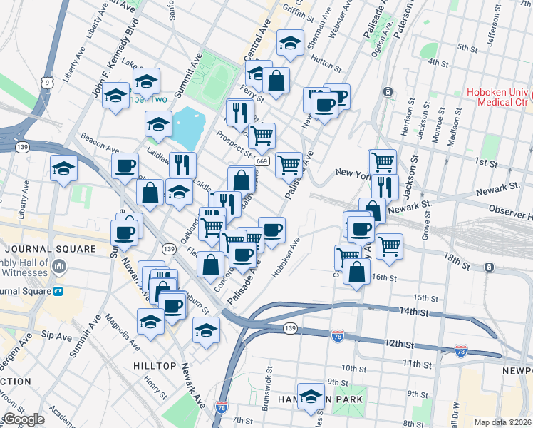 map of restaurants, bars, coffee shops, grocery stores, and more near 13 Laidlaw Avenue in Jersey City