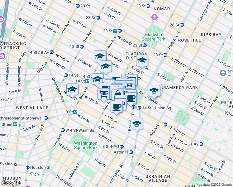 map of restaurants, bars, coffee shops, grocery stores, and more near 2 West 14th Street in New York