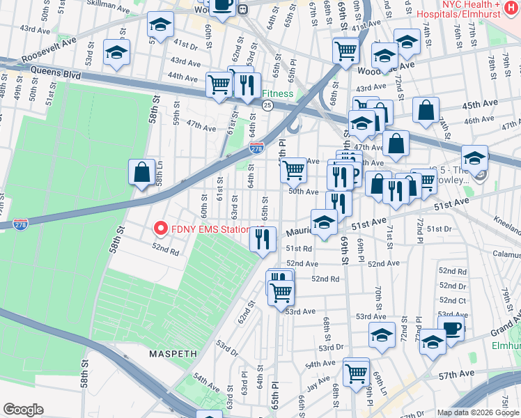 map of restaurants, bars, coffee shops, grocery stores, and more near 50-30 65th Street in Queens County